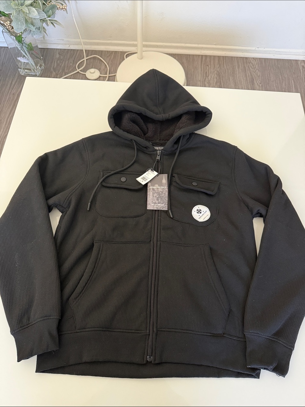 Kenneth Cole New York Black Hooded Waffle Zip Jacket Size M